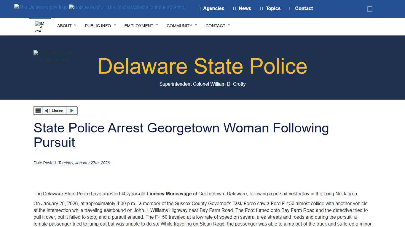 State Police Arrest Georgetown Woman Following Pursuit - Delaware State Police - State of Delaware
